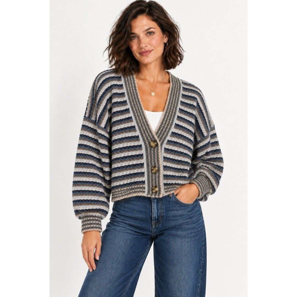 Madewell Striped Chunky Wool Blend Cardigan Sweater Balloon Sleeve Cropped Large